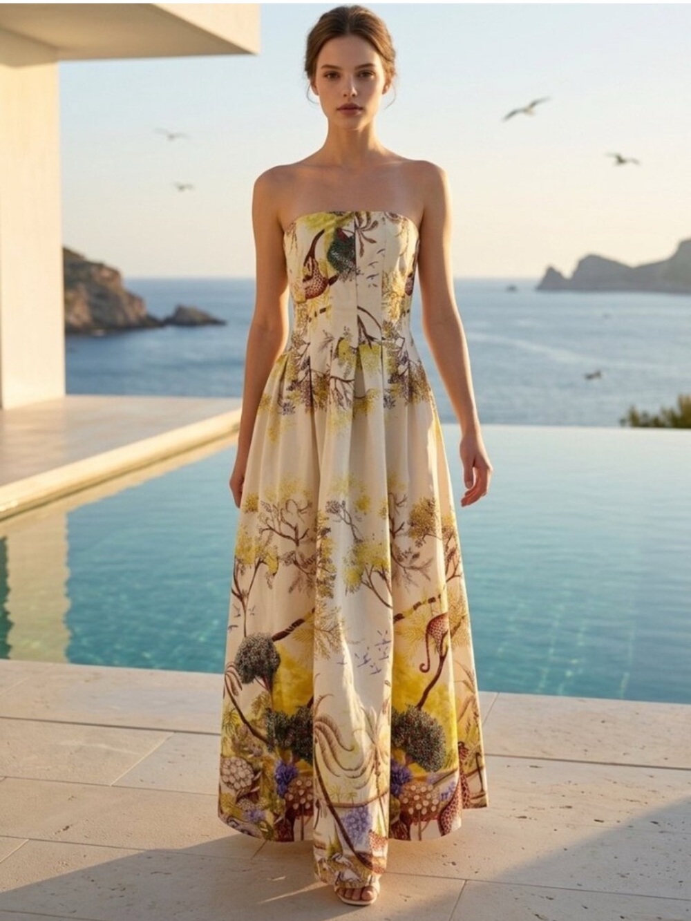 NWT Caroline Constas Safari Jungle Print Strapless Cotton Maxi Dress Smocked M